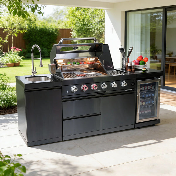 Outdoor Kitchen Island Built for Professional Grilling, 72000 BTU 4-Burner System, Marine Grade Steel, Granite Countertops