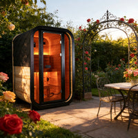 1-2 Person Outdoor Traditional Steam Sauna, Weatherproof Square Sauna Cabin with Black Trim, Natural Spruce Wood Sauna Room, LED Strip & Panoramic Glass Door, for Backyard Garden Home Spa, Relaxation