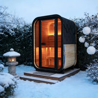 1-2 Person Outdoor Traditional Steam Sauna, Weatherproof Square Sauna Cabin with Black Trim, Natural Spruce Wood Sauna Room, LED Strip & Panoramic Glass Door, for Backyard Garden Home Spa, Relaxation