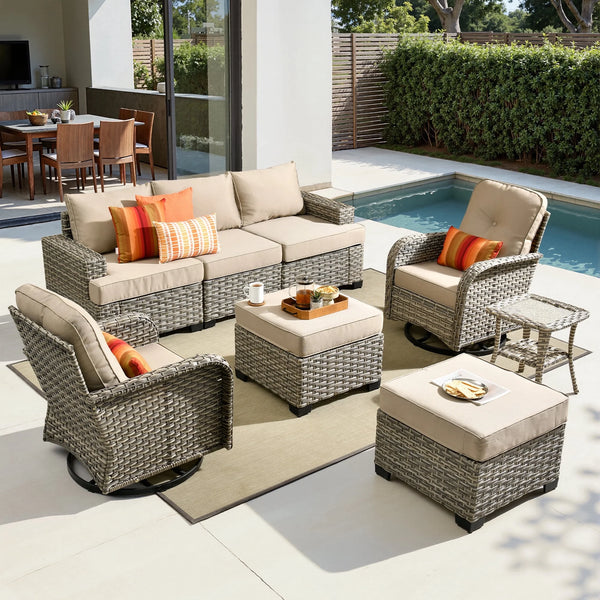 Patio Furniture Set Built for All Weather, 8 Pieces, Swivel Chairs, Modular Design, 350 lb Capacity