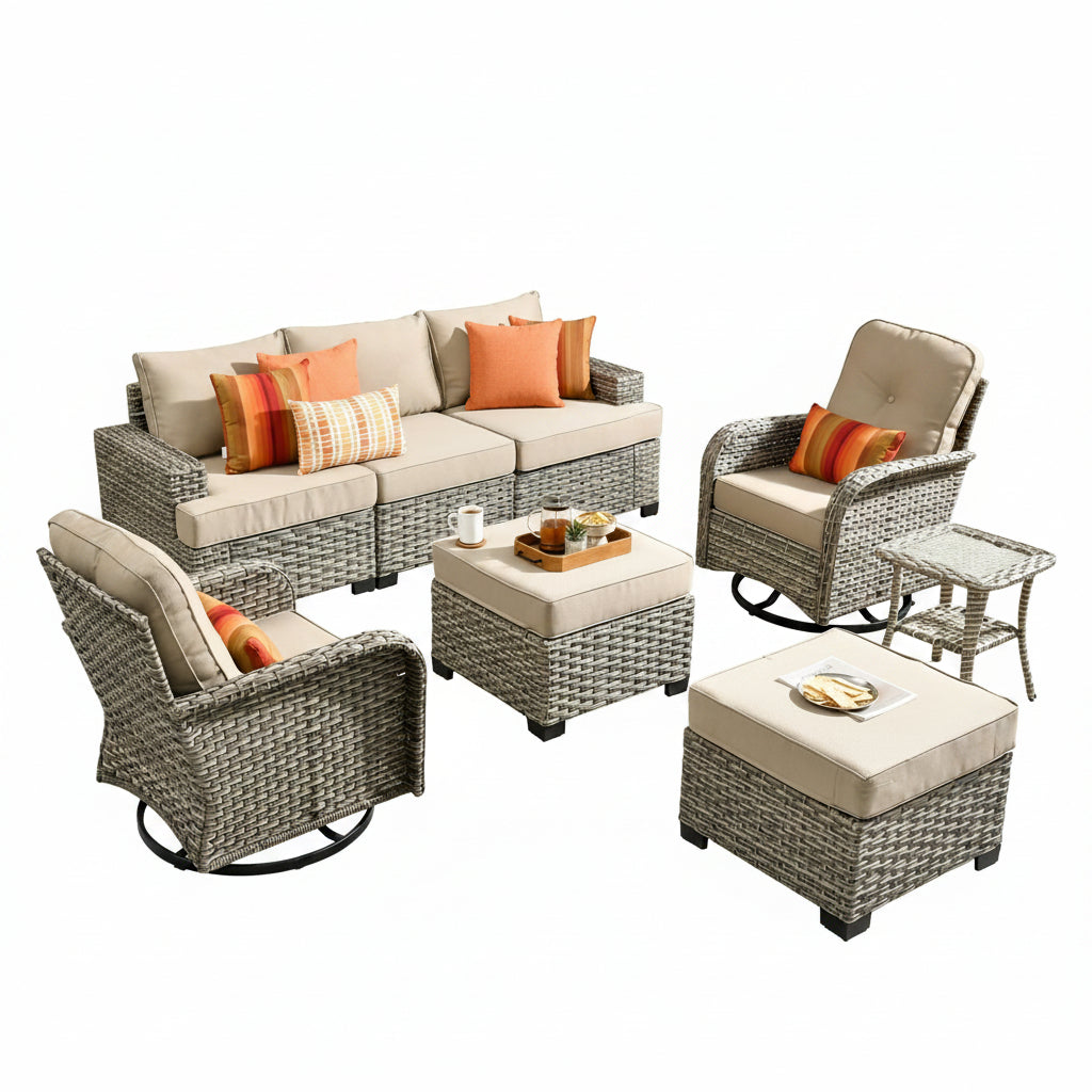 Patio Furniture Set Built for All Weather, 8 Pieces, Swivel Chairs, Modular Design, 350 lb Capacity