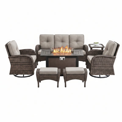 7 Piece Outdoor Patio Furniture Set, Patio Furniture Set with Fire Pit Table Rattan Wicker Patio Furniture Set, Brown Wicker & Beige Cushion