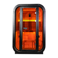 1-2 Person Outdoor Traditional Steam Sauna, Weatherproof Square Sauna Cabin with Black Trim, Natural Spruce Wood Sauna Room, LED Strip & Panoramic Glass Door, for Backyard Garden Home Spa, Relaxation