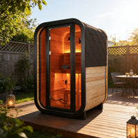 1-2 Person Outdoor Traditional Steam Sauna, Weatherproof Square Sauna Cabin with Black Trim, Natural Spruce Wood Sauna Room, LED Strip & Panoramic Glass Door, for Backyard Garden Home Spa, Relaxation
