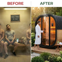 1-2 Person Outdoor Traditional Steam Sauna, Weatherproof Square Sauna Cabin with Black Trim, Natural Spruce Wood Sauna Room, LED Strip & Panoramic Glass Door, for Backyard Garden Home Spa, Relaxation — Before & After