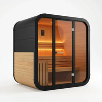 1-2 Person Outdoor Traditional Steam Sauna, Weatherproof Square Sauna Cabin with Black Trim, Natural Spruce Wood Sauna Room, LED Strip & Panoramic Glass Door, for Backyard Garden Home Spa, Relaxation — Studio Shot