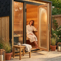 1-2 Person Outdoor Traditional Steam Sauna, Weatherproof Square Sauna Cabin with Black Trim, Natural Spruce Wood Sauna Room, LED Strip & Panoramic Glass Door, for Backyard Garden Home Spa, Relaxation — Lifestyle