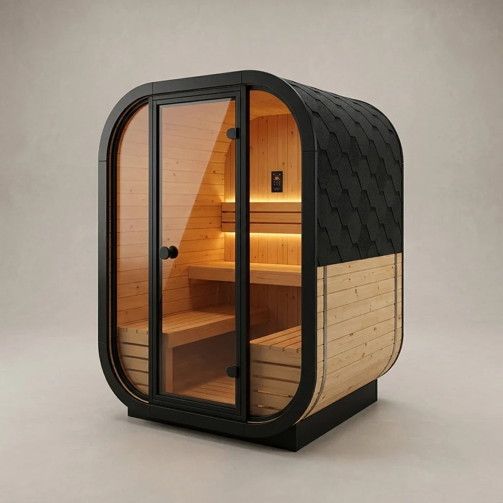 Outdoor Traditional Sauna Designed for Year-Round Use, Natural Pine Wood, LED Lighting, Heat-Resistant Glass — Studio Shot