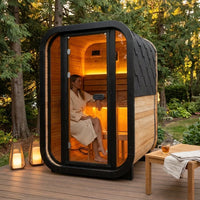 Outdoor Traditional Sauna Designed for Year-Round Use, Natural Pine Wood, LED Lighting, Heat-Resistant Glass — Lifestyle