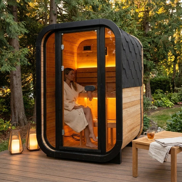 Outdoor Traditional Sauna Built for Year-Round Use, Natural Pine Wood, LED Lighting, Heat-Resistant Glass