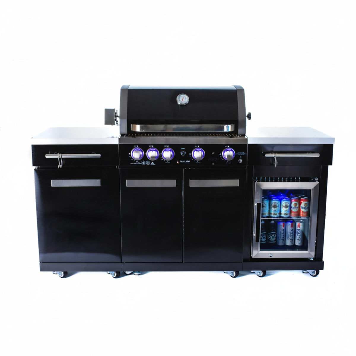 Outdoor Kitchen Island Built for Premium Entertaining, 70" Black Stainless Steel, 4-Burner Grill, Refrigerator