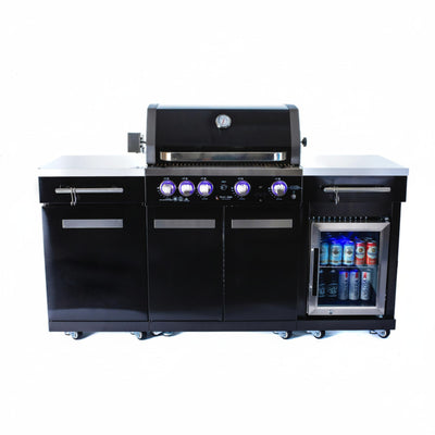 Outdoor Kitchen Island Built for Premium Entertaining, 70" Black Stainless Steel, 4-Burner Grill, Refrigerator