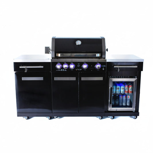 Outdoor Kitchen Island Built for Premium Entertaining, 70" Black Stainless Steel, 4-Burner Grill, Refrigerator