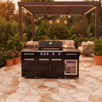 Outdoor Kitchen Island Built for Premium Entertaining, 70" Black Stainless Steel, 4-Burner Grill, Refrigerator